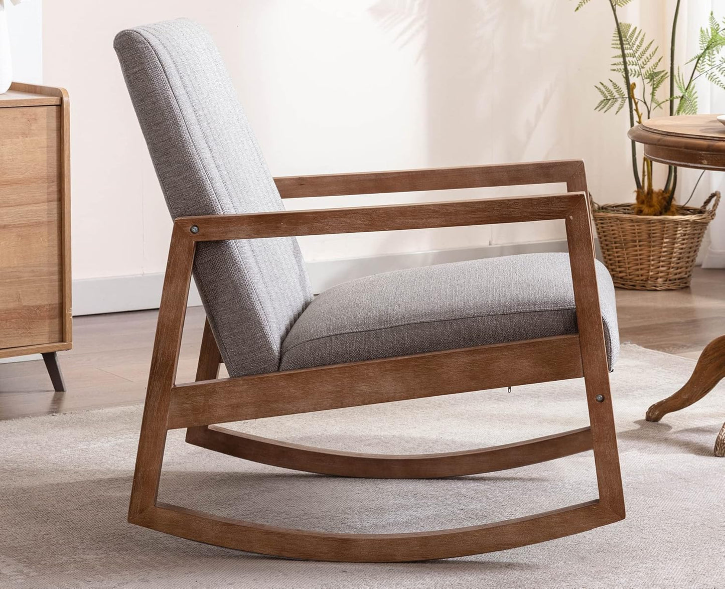 VESCASA Upholstered Linen Rocking Chairs with Channel-Tufted Back, Mid-Century Modern Comfy Rockers with Light Walnut Wood Frame for Nursery Living Room Bedroom Reading, Set of 2, Grey