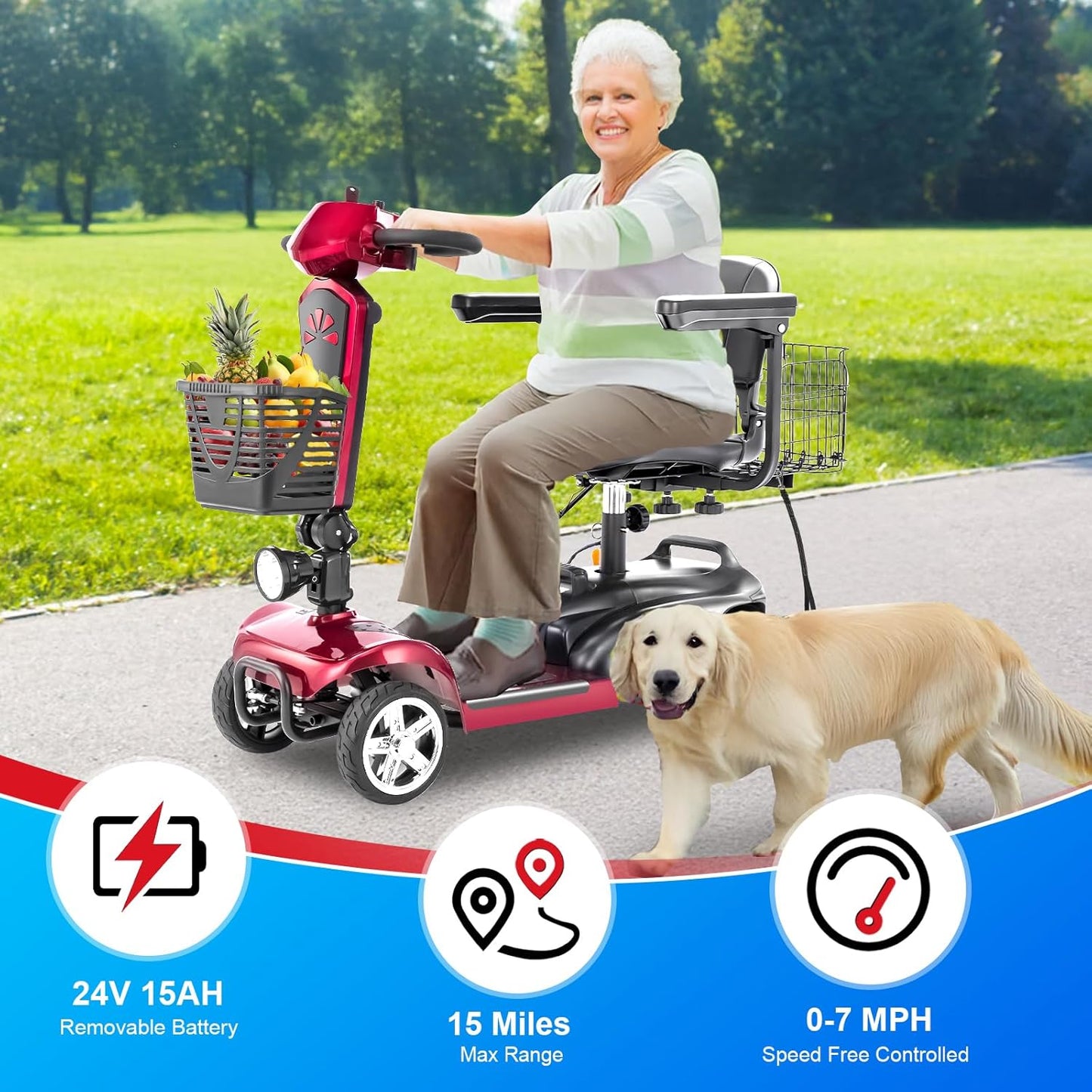 15/30/50Miles Eldryvon EV02 4 Wheels Electric Mobility Scooter for Seniors, Dual Basket, 350W Powered Wheelchair with Rotating Seat, Foldable Motorized Scooter for Adult with USB Port, 300Lbs Capacity