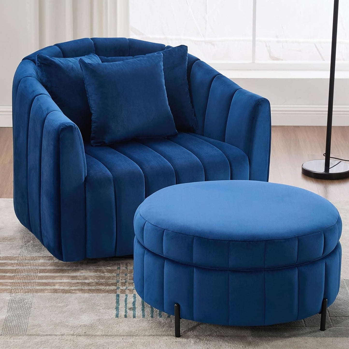 40.35" Oversized Swivel Accent Chairs Navy, with 3 Pillows Velvet Swivel Chairs for Living Room,Modern Barrel Chair