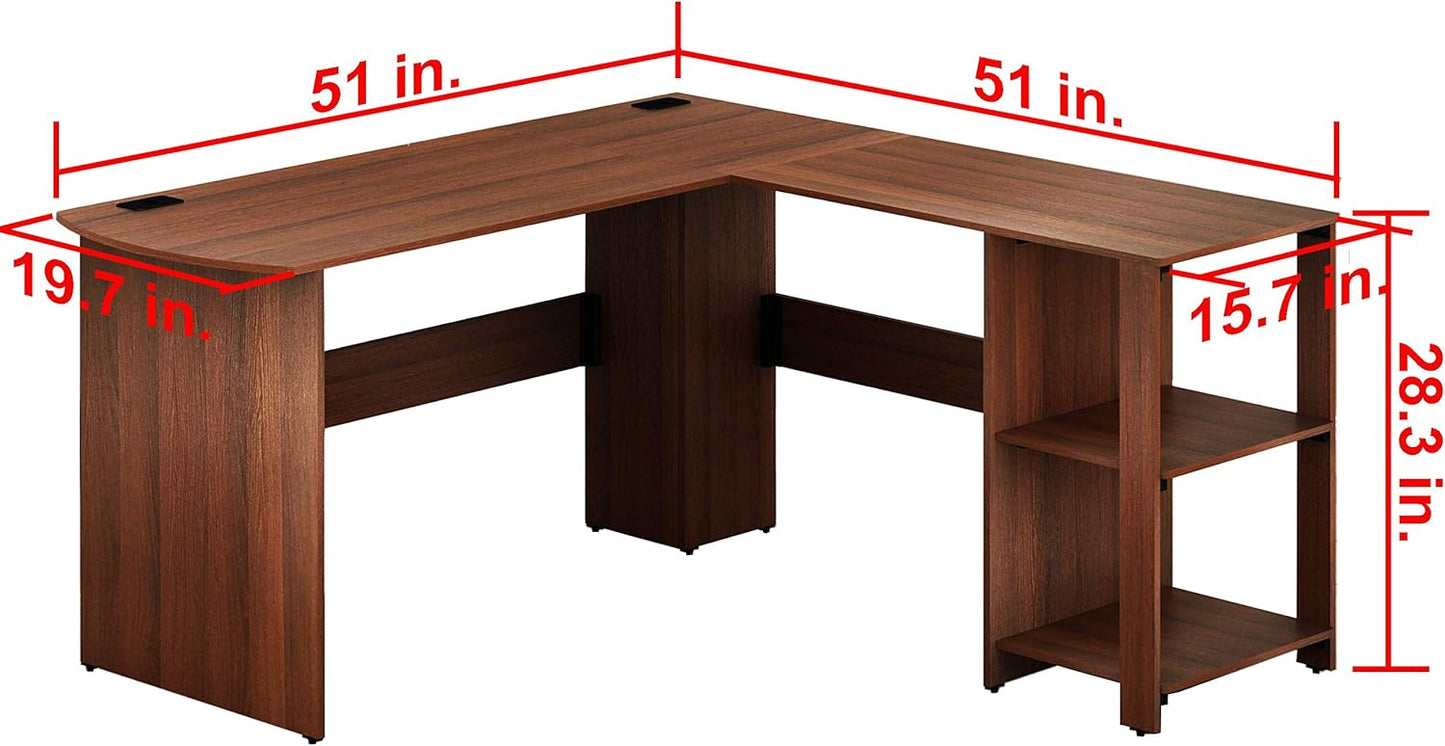 SHW 51 x 51 Inches L-Shaped Home Office Wood Corner Desk wtih Storage, Walnut