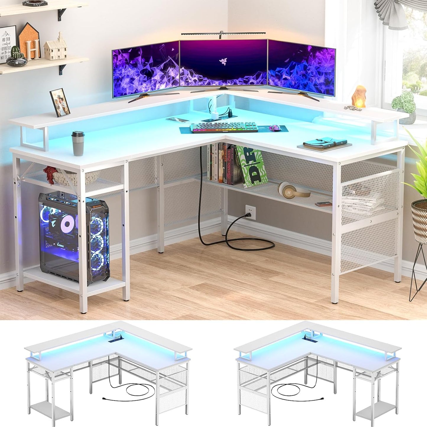 Unikito Reversible L Shaped Desk, Cool 55 Inch Corner Computer Desk with Smart Strip Light and Magic Power Outlet, Sturdy Office Table with Monitor Stand and Shelf, Elegant Grid Design, Light Walnut