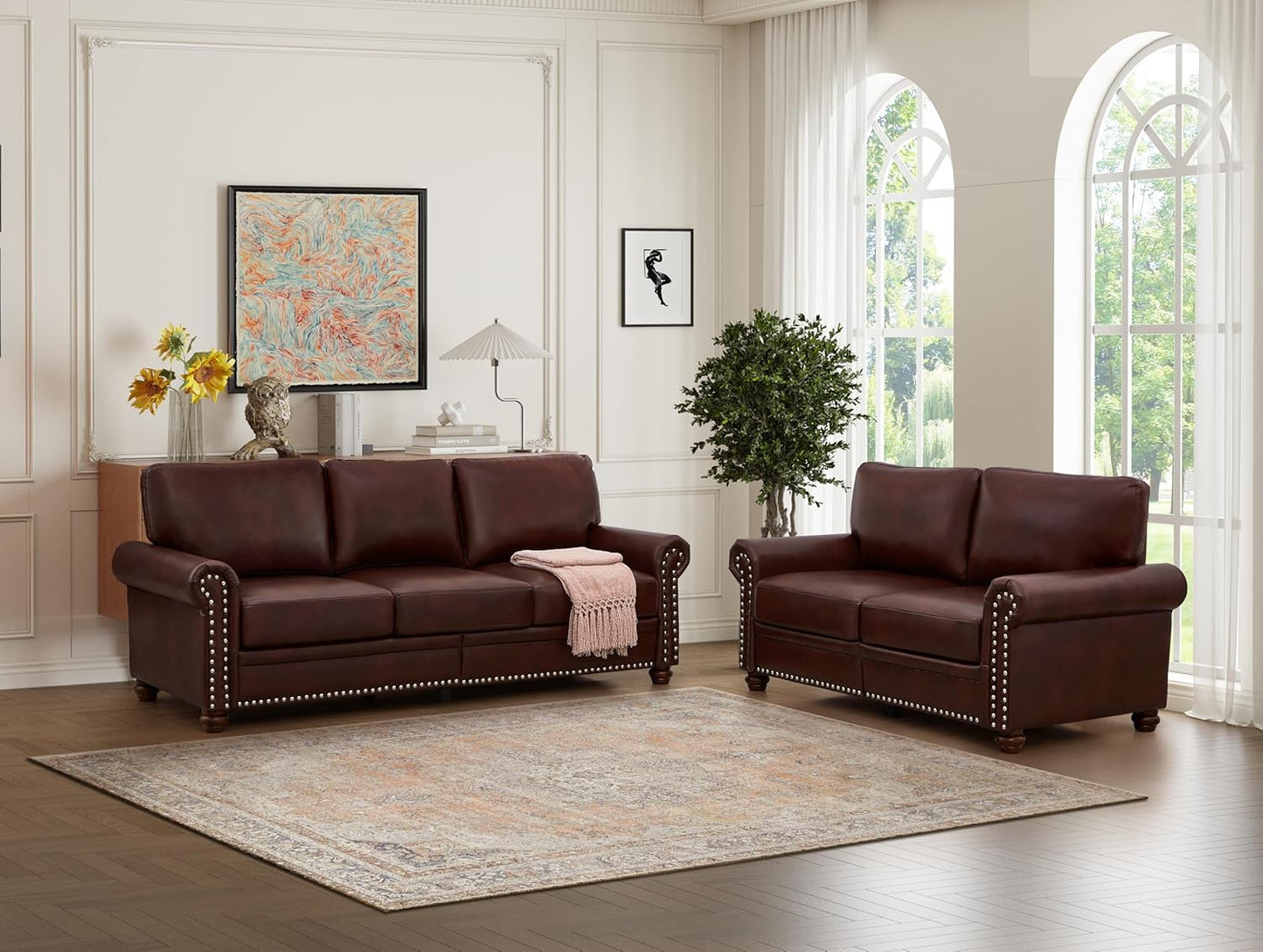 35" Faux Leather Pu Armchair Classic Vegan Leather Accent Chair Elegance Single Seat with Rolled Armrests Nailhead Trim Wood Legs Traditional Living Room 1 Seat-Burgundy