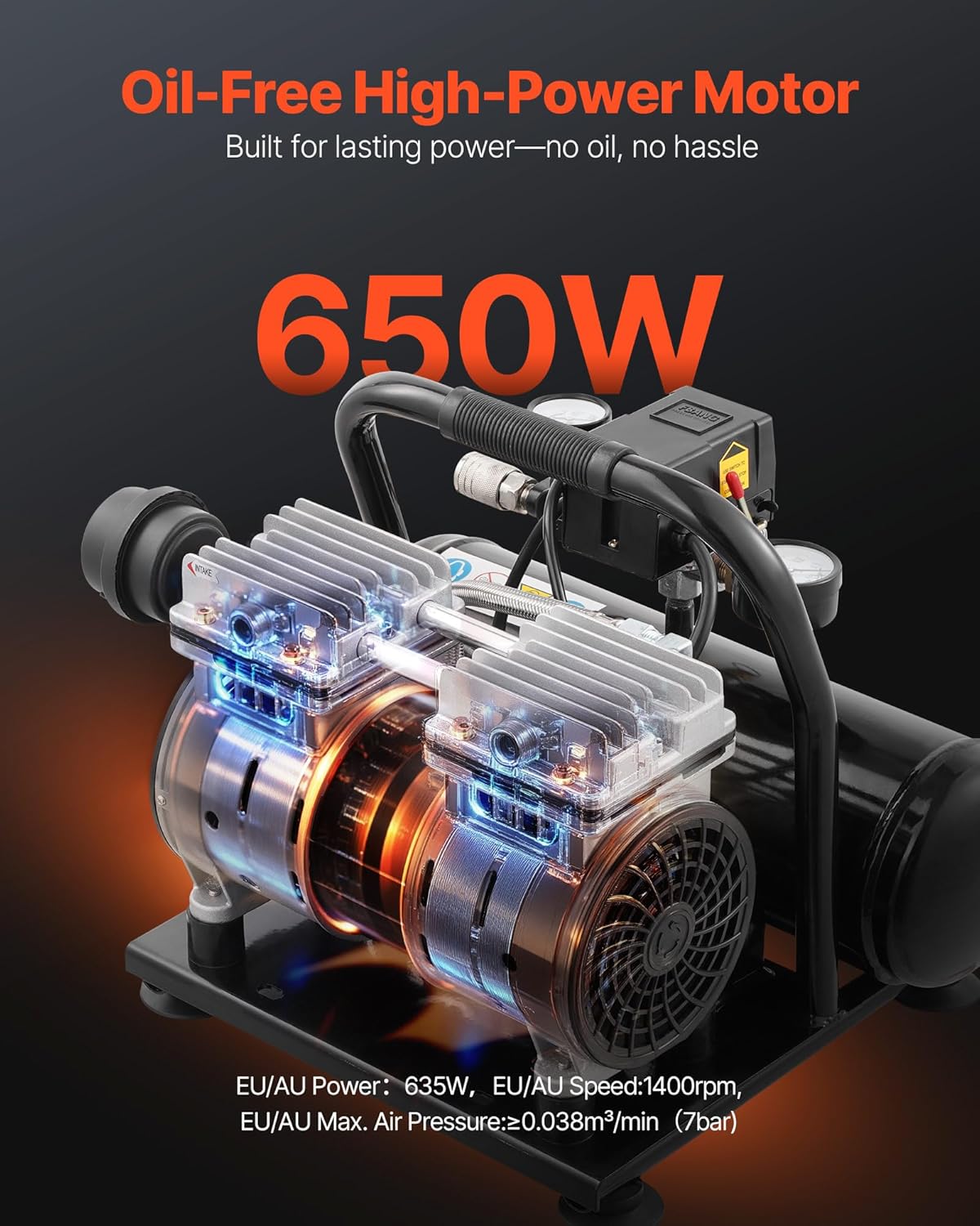 VEVOR Air Compressor, 1 Gallon Steel Tank, 1HP 1.5CFM @ 90PSI Oil Free Air Compressor & Max. 120PSI Pressure, 78dB Ultra Quiet Portable Compressor for Auto Repair, Tire Inflation, Spray Painting, 120V