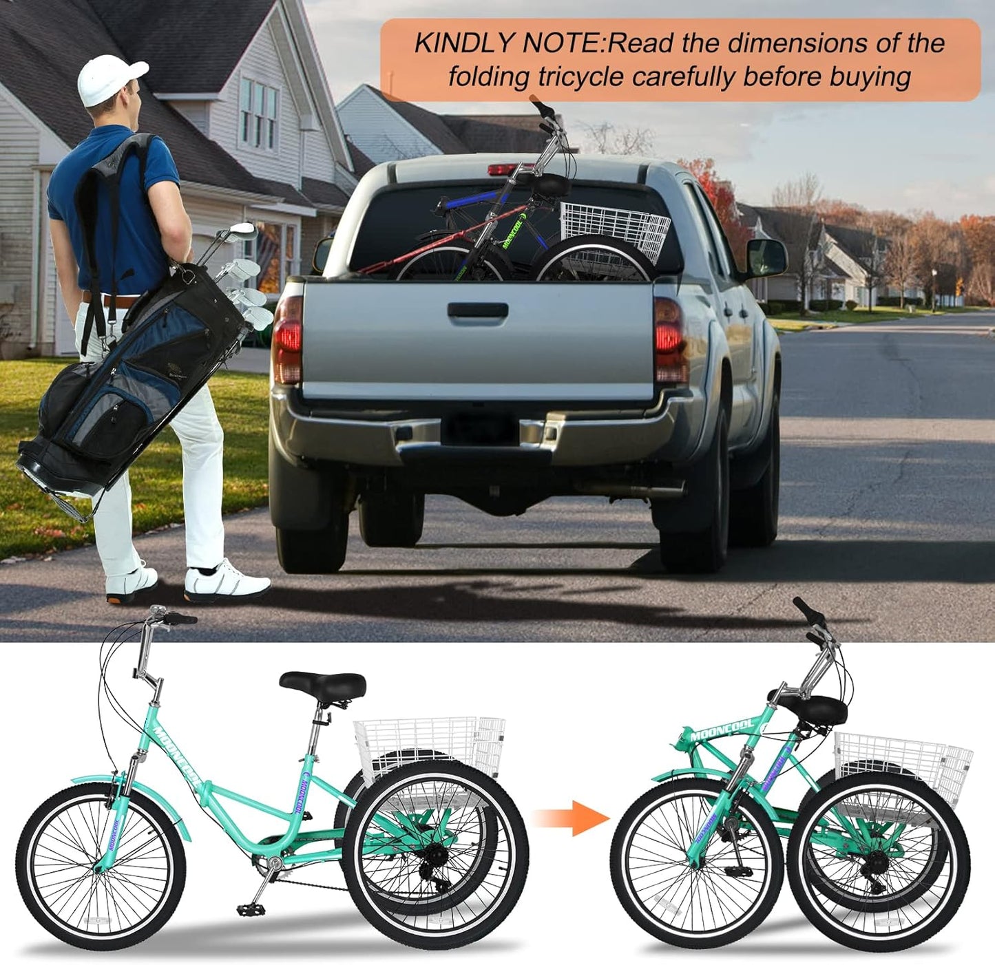Slsy Adult Folding Tricycles, 7 Speed Folding Adult Trikes, 20 24 26 Inch 3 Wheel Bikes with Low Step-Through, Foldable Tricycle for Adults, Women, Men, Seniors