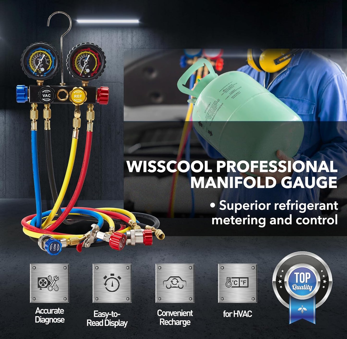 AC Gauge Set R410a R134a R22, Automotive 4 Valve AC Manifold Gauge with 5ft Hoses, Quick Couplers, Adapters, Puncturing Can Tap Tools for R410a Refrigerants Charging and Evacuation