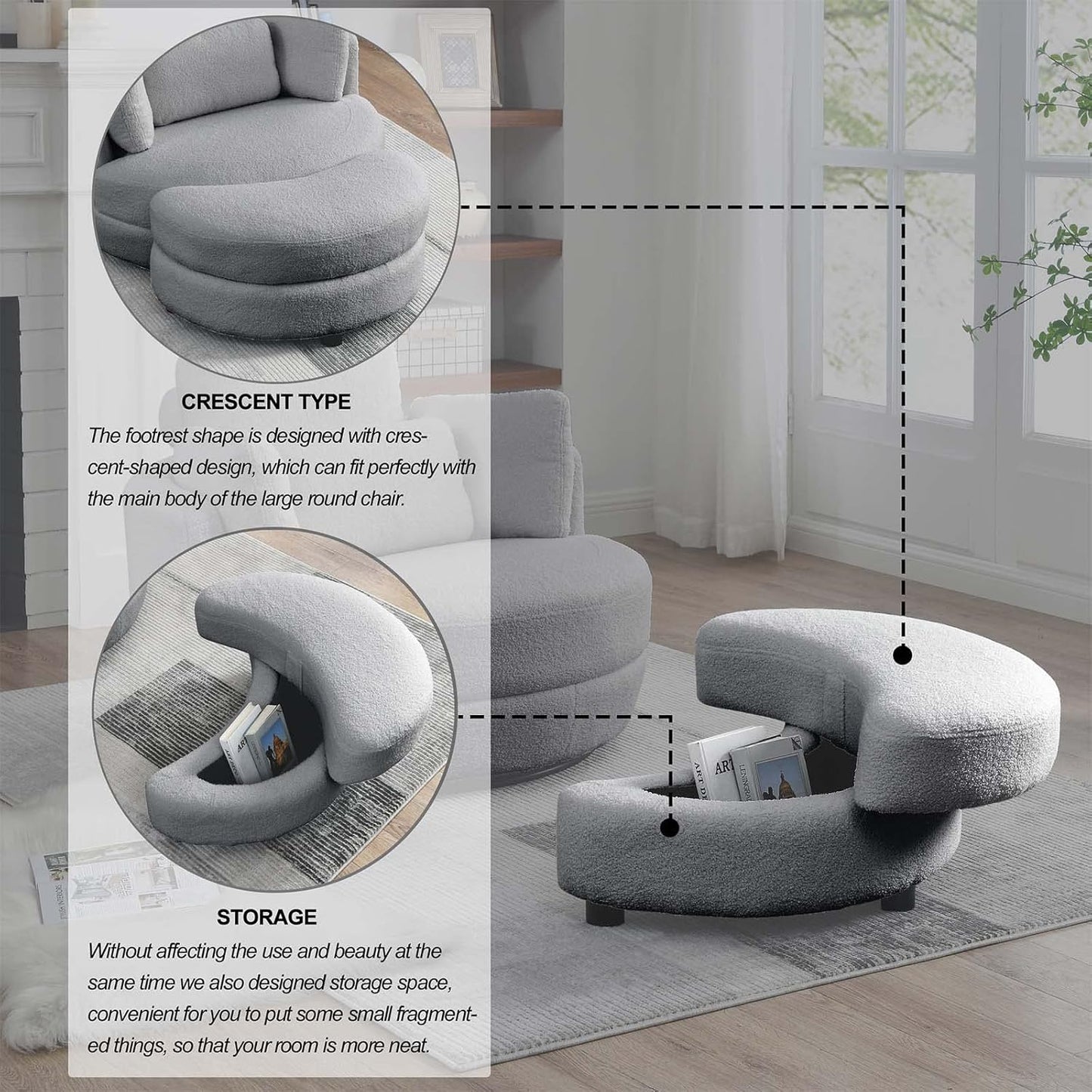 Antetek Swivel Barrel Chair with Storage Ottoman, Club 360 Degree Single Swivel Sofa, Modern Leisure Arm Chair with Head & Back Pillows for Nursery, Living Room, Office, Grey Teddy