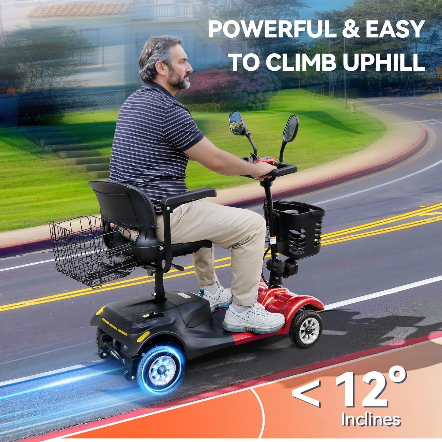 4 Wheel Compact Mobility Scooter for Seniors and Adults,Foldable Electric Scooter, Heavy Duty Travel Model with Lights, Basket, and Long-Lasting Battery (Red)