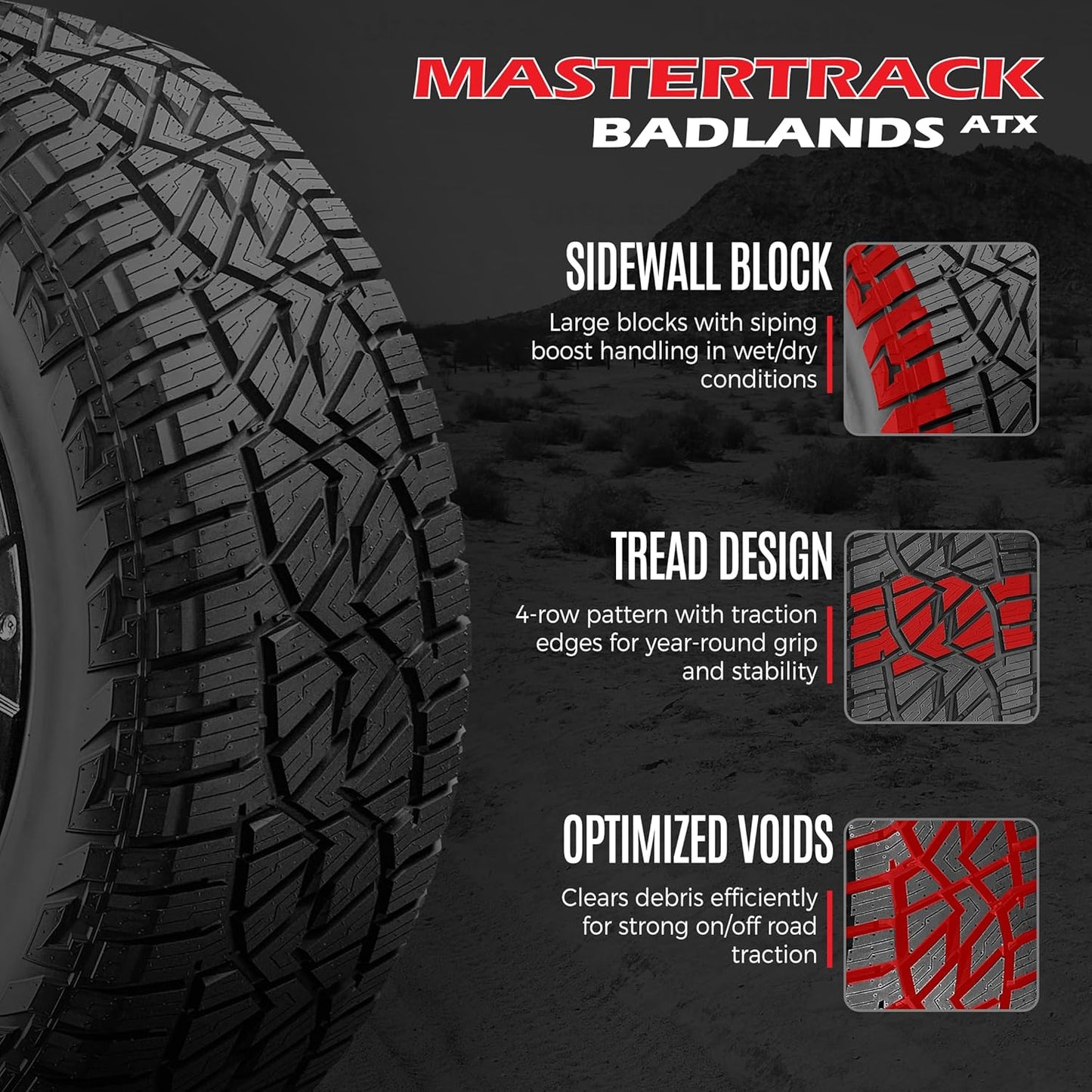 Set of 4 (FOUR) Mastertrack BADLANDS ATX 225/65R17 102H All-Season All-Terrain SUV Tire 225/65/17-Includes Road Hazard & 5-Year Warranty (Tire Only)