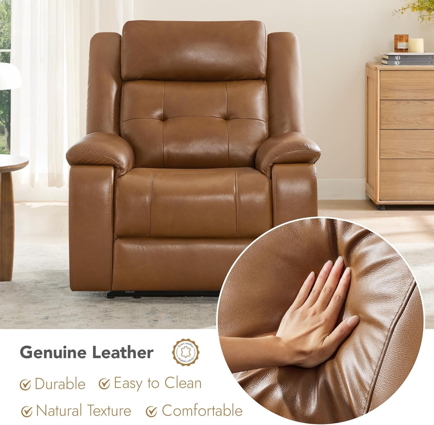 Watson & Whitely Genuine Leather Power Recliner Chair for Adults, Wall Hugger Recliner with Power Headrest, Cup Holders & Charging Ports, Electric Reclining Chairs for Living Room, RV, Saddle Brown