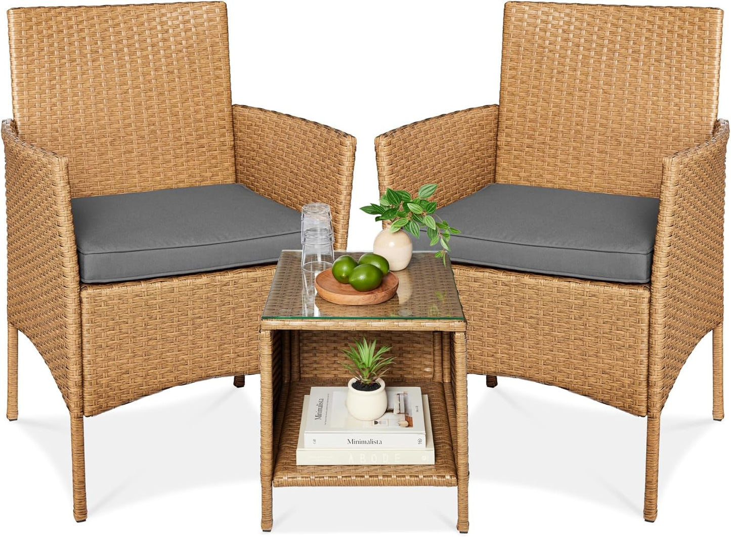Best Choice Products 3-Piece Outdoor Wicker Conversation Bistro Set, Space Saving Patio Furniture for Garden w/Side Table - Gray/Navy