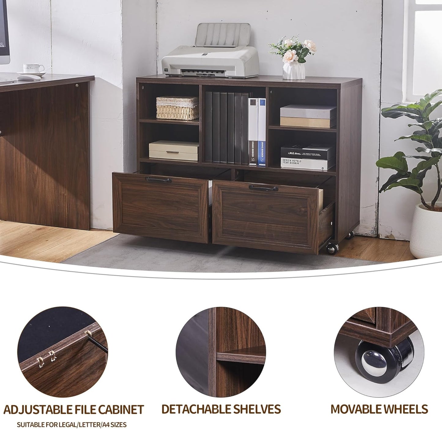 60" L-Shaped Executive Desk with 40" File Cabinet,Farmhouse Home Office Desk with Charging Station,Wood Computer Desk Set for Office Work,Home Study (Brown)