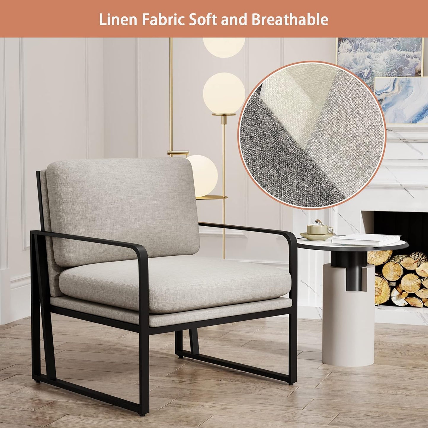 Andeworld Modern Accent Chair Set of 2, Mid Century Living Room Armchair,Upholstered Linen Sofa Side Chair with Metal Legs for Reading,Lounging,Bedroom Apartment, Light Grey 2