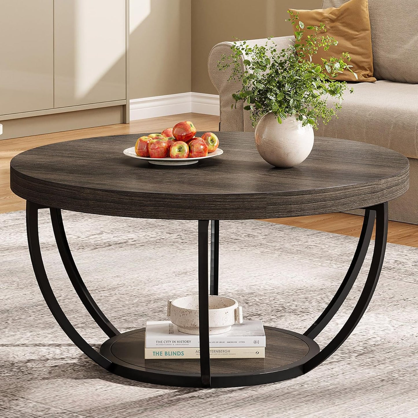 Tribesigns Round Coffee Table, 31.7" Wooden 2-Tier Circle Coffee Table with Storage Shelves, Modern Accent Cocktail Table Center Table for Living Room, Rustic Brown