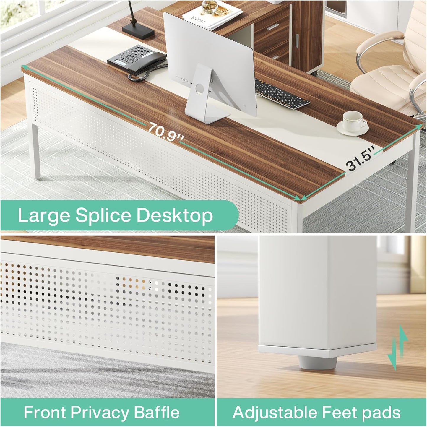 Tribesigns 70.8" Large Executive Office Desk, Computer Working Desk, Home Office Workstation, Walnut & White