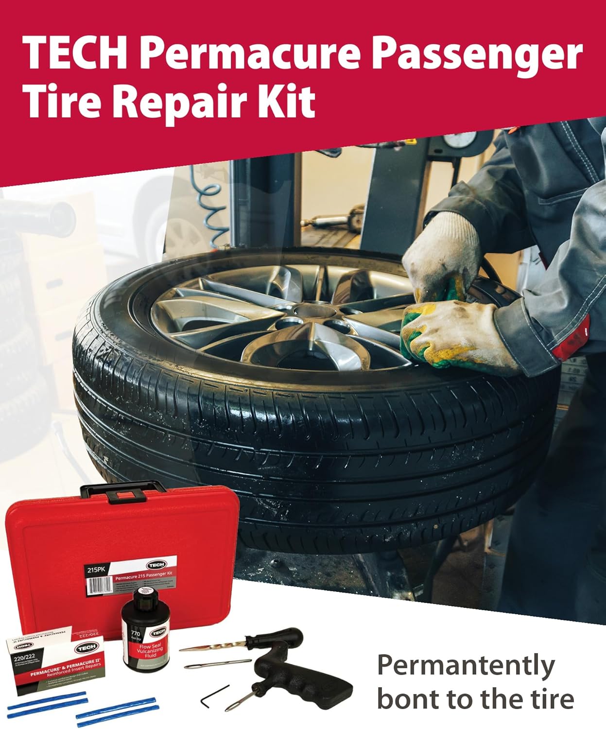 TECH Permacure Passenger Tire Plug Kit – The Ideal Flat Tire Fix Kit for Passenger Cars, Light Trucks, SUVs, Trailers, ATVs, Golf Carts, Farm Equipment, and More (50 Tire Plugs & Tools)