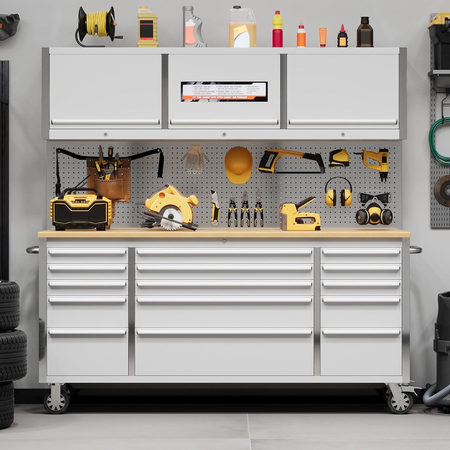 61 Inch Tool Chest, Tool Cabinet with 9 Drawers, Mobile Storage Cabinet with Locking System, Stainless Steel Material and Sturdy Structure, High Capacity for Home Workshop Kitchen and Garage.