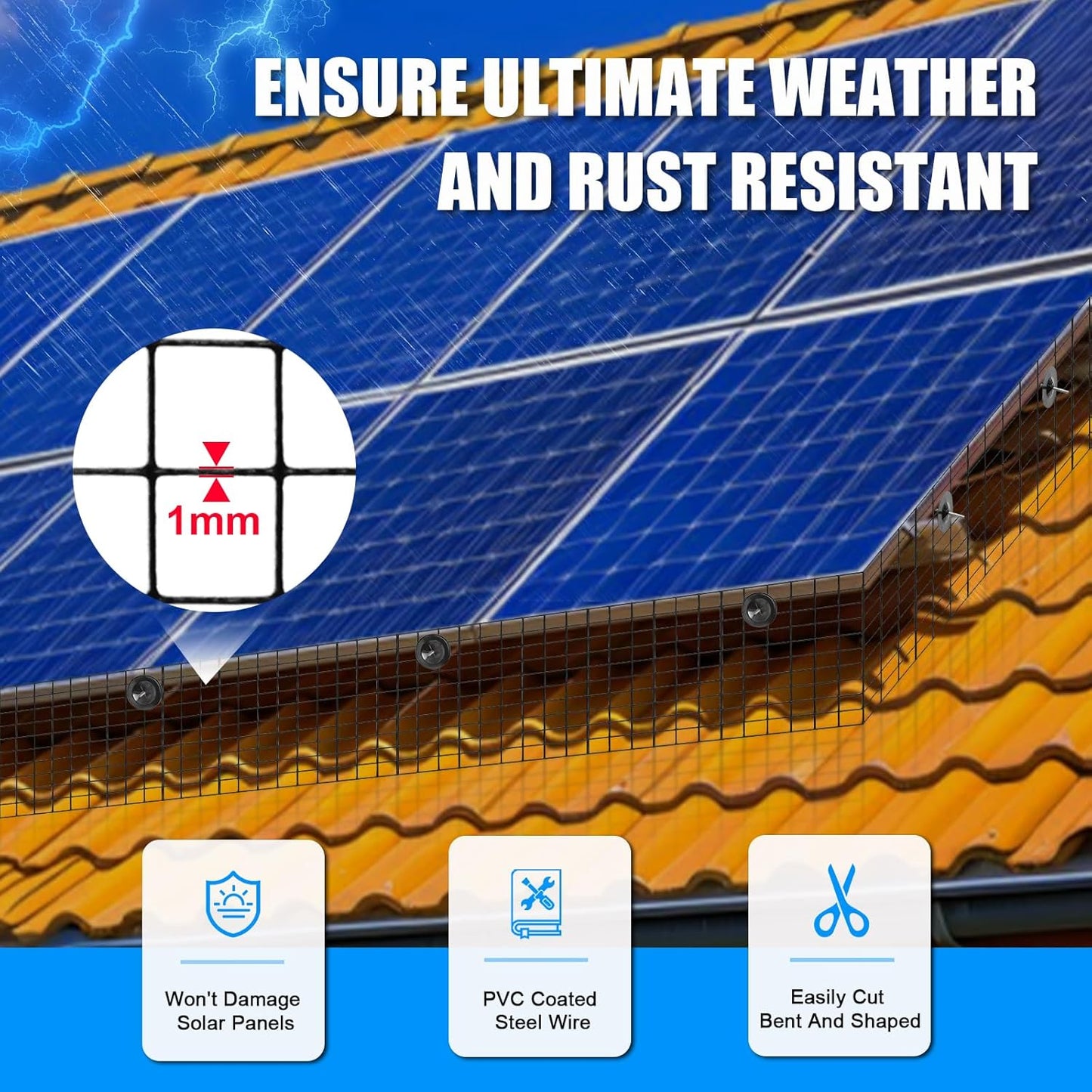 6in X 100ft Solar Panel Bird Guard - 1/2" Black PVC Mesh Galvanized Rust-Resistant Net, Critter Guard for Solar Panels with 70 Fastener Clips, Gloves, Cutting Pliers