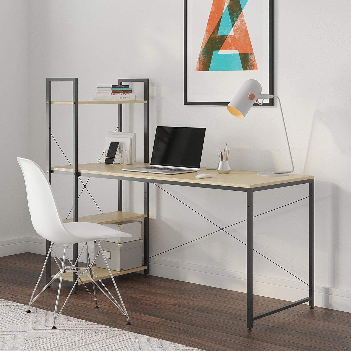 Ames 47" Reversible Gaming Computer Desk with Adjustable Shelves, Home Office Desk, Grommet Cable-Management, Leveler Feet, Easy Assembly, White/White