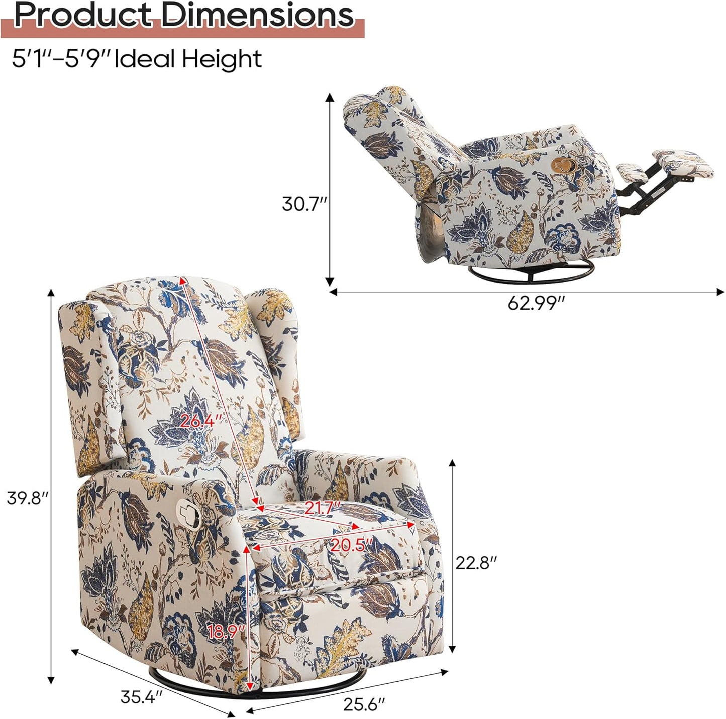 Swivel Rocker Recliner - Printed Modern Wingback Chair for Living Room, Nursery With Adjustable Backrest & Footrest, 360 Degree Swivel, Rocking, Blue Floral