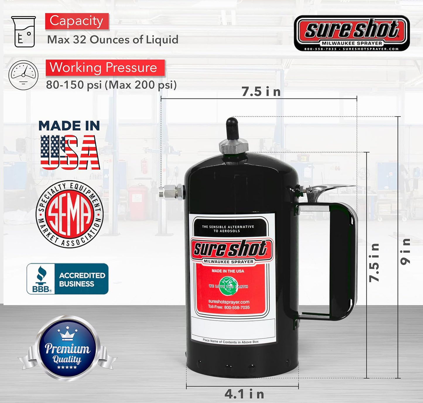 SURE SHOT A1002 1-Quart Non Aerosol Sprayer - Refillable Pressurized Sprayer Can for Oil, Solvent, Degreasers, Lubricants - Rechargeable Steel Canister with Adjustable Nozzles - Made in the USA - 32oz