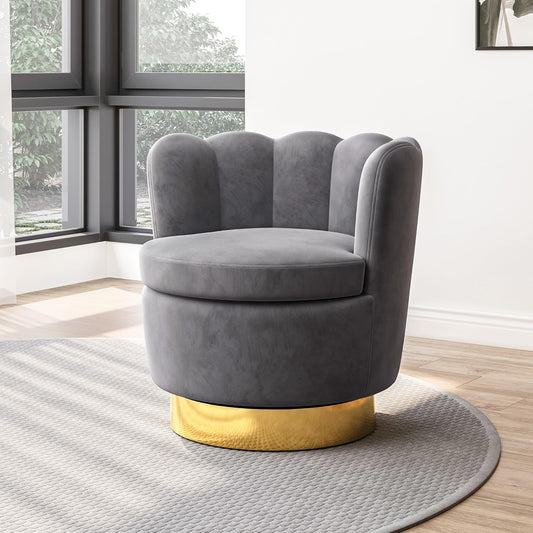 BELLEZE Swivel Accent Chair, Velvet Modern Round Petal Swivel Barrel Chair, 360° Upholstery Swivel Sofa Armchair, Comfy Swivel Accent Chair for Living Room Bedroom - Lotus (Dark Grey)
