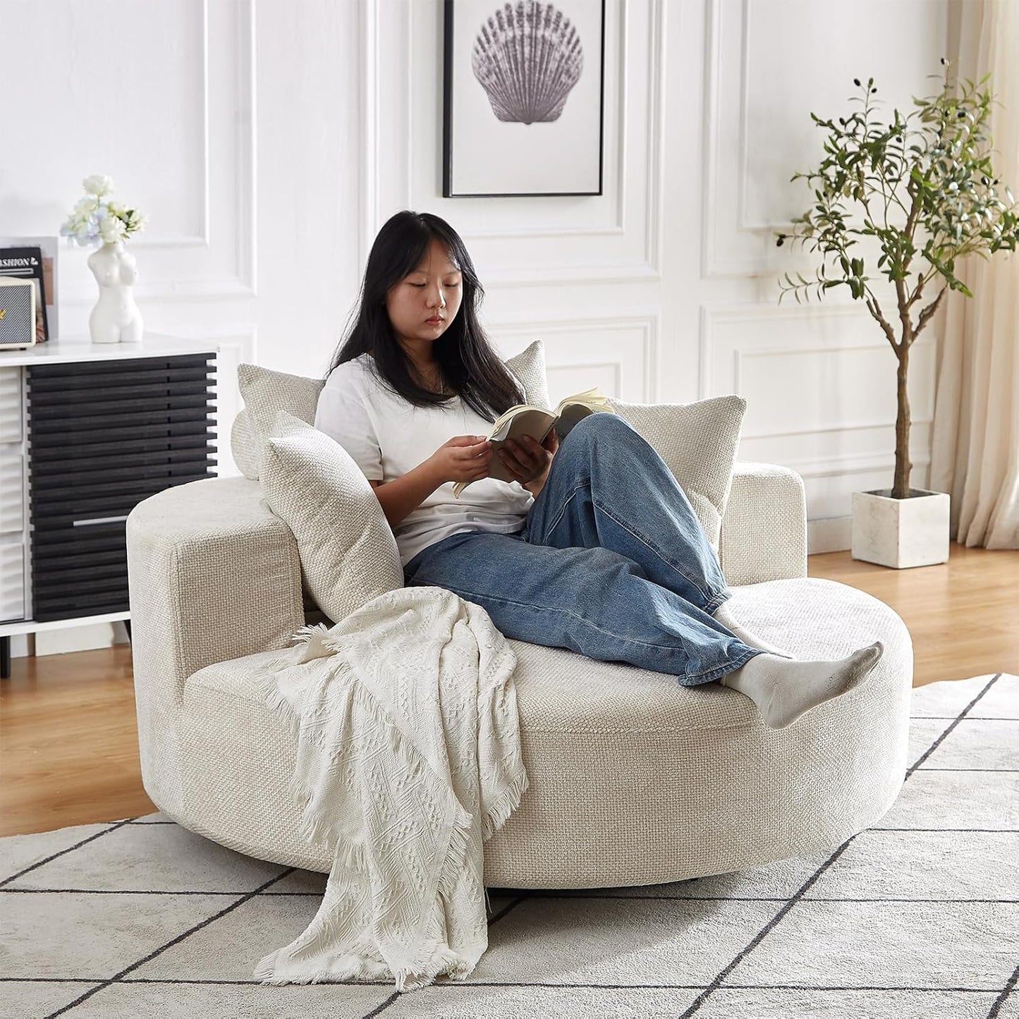 55 inch 360° Swivel Accent Chair, Chaise Lounge Chair Indoor Oversized Round Swivel Accent Chair Modern Corduroy Single Sofa Chair Deep Seat Chair for Living Room Bedroom Apartment, Grey
