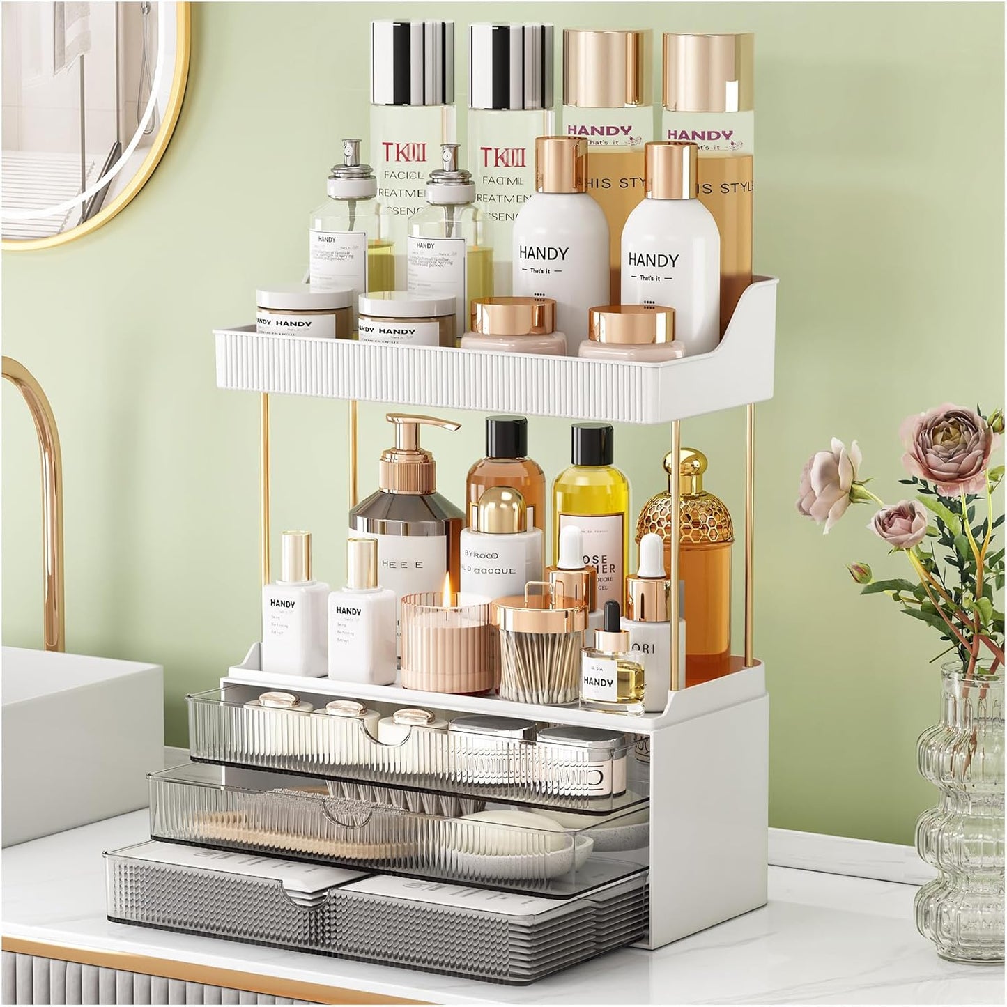3 Drawers Makeup Organizer - 5 Tier Bathroom Organizers and Storage, Versatile Perfume Vanity Organizer, Ideal for Cosmetic, Large Skincare, Face Mask, Office Supplies, Amber