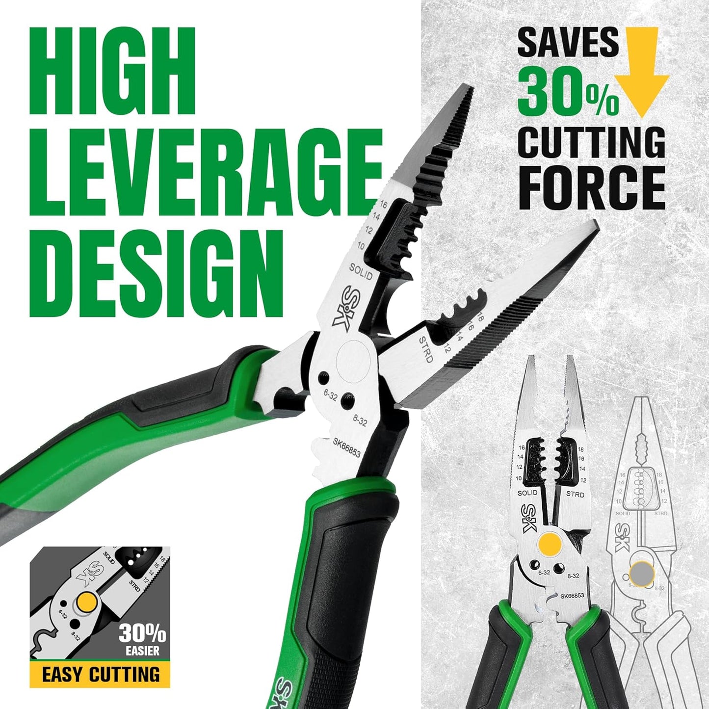 SK 3-Piece Pliers Set, 8-Inch Multi-use Noodle Nose Pliers, 7-Inch Multi-use Diagonal Pliers and 8-Inch Multi-use Linesman Pliers, CR-V Construction, Anti-slip Handle, with EVA Foam Tool Organizer