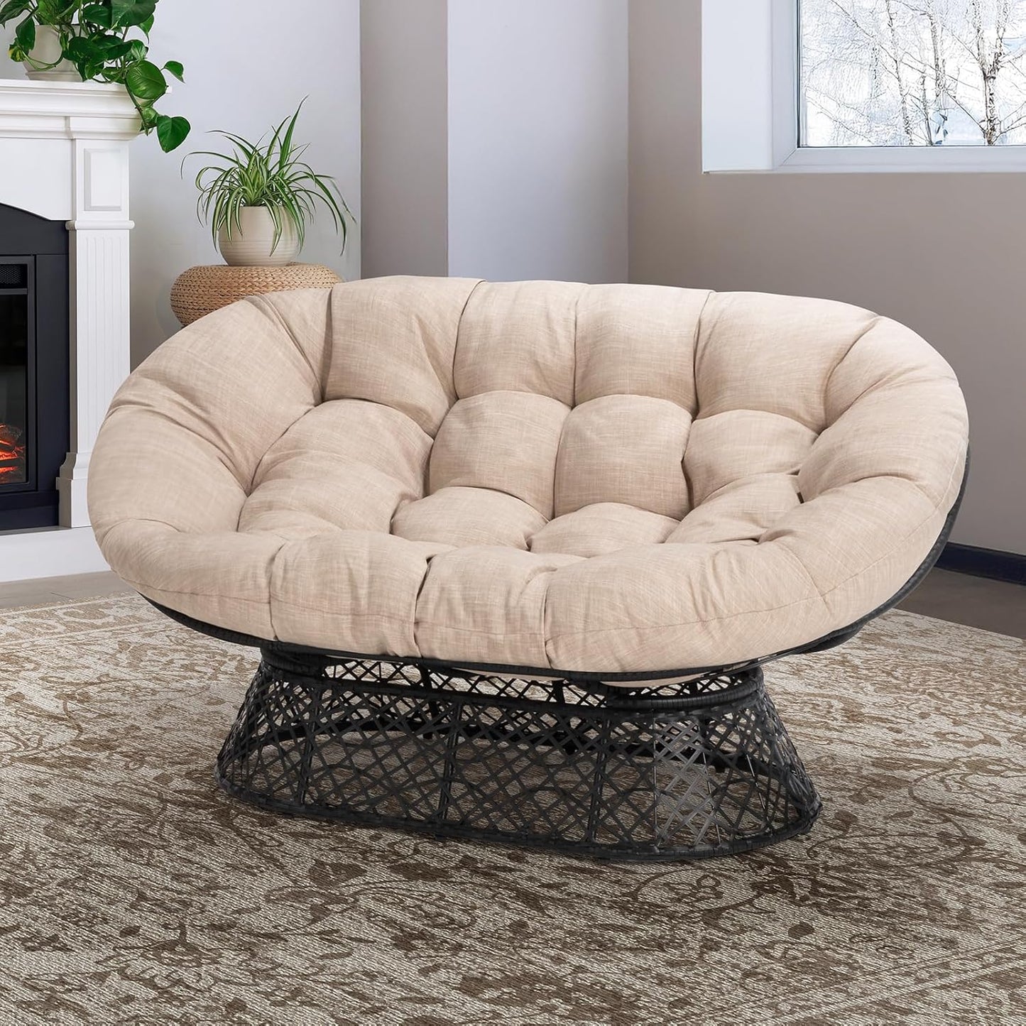 Bme 40" Ergonomic Wicker Papasan Chair with Soft Thick Density Fabric Cushion, High Capacity Steel Frame, 360 Degree Swivel for Living, Bedroom, Reading Room, Lounge, Silver Cloud - Black Base