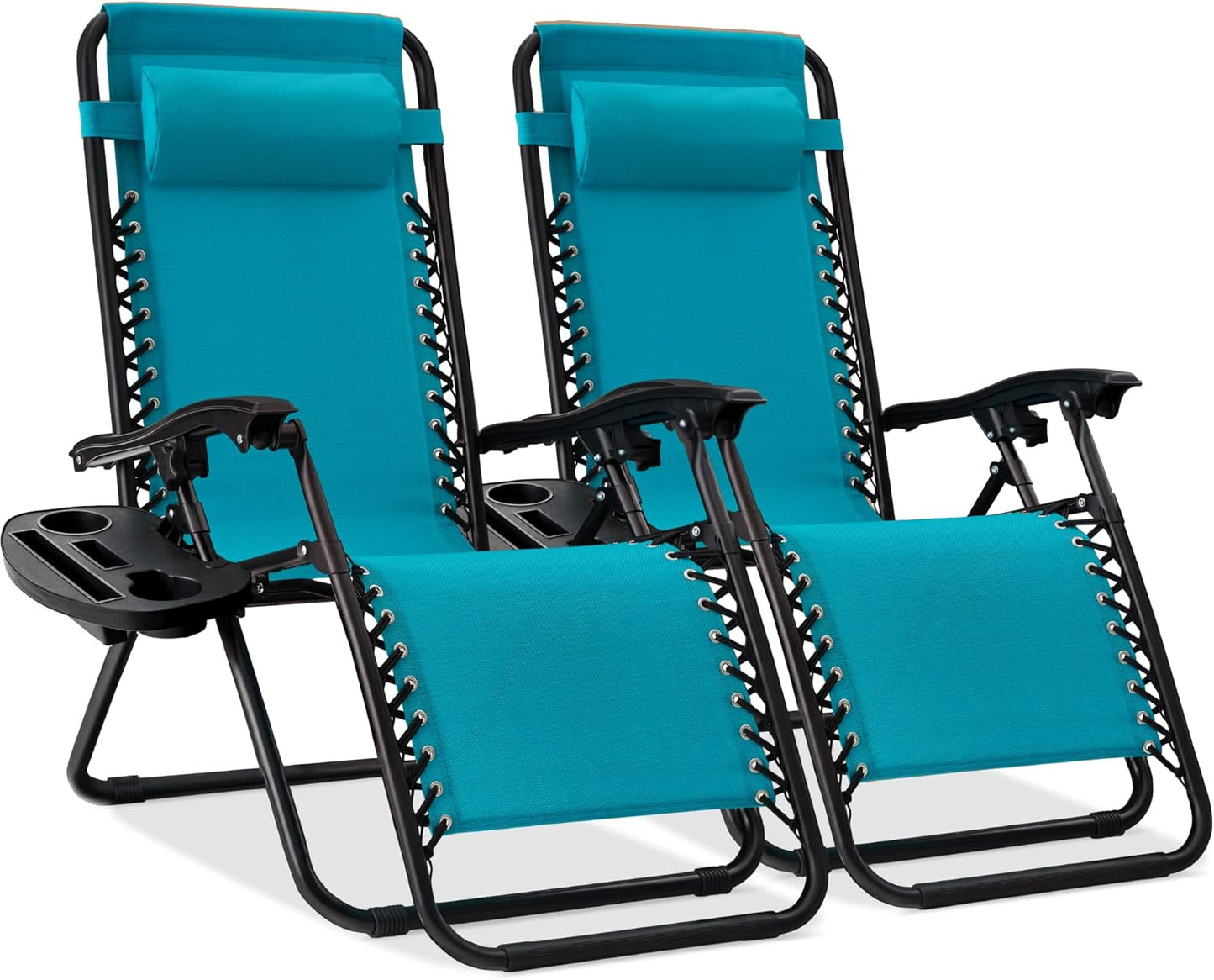 Best Choice Products Set of 2 Adjustable Steel Mesh Zero Gravity Lounge Chair Recliners w/Pillows and Cup Holder Trays - Black