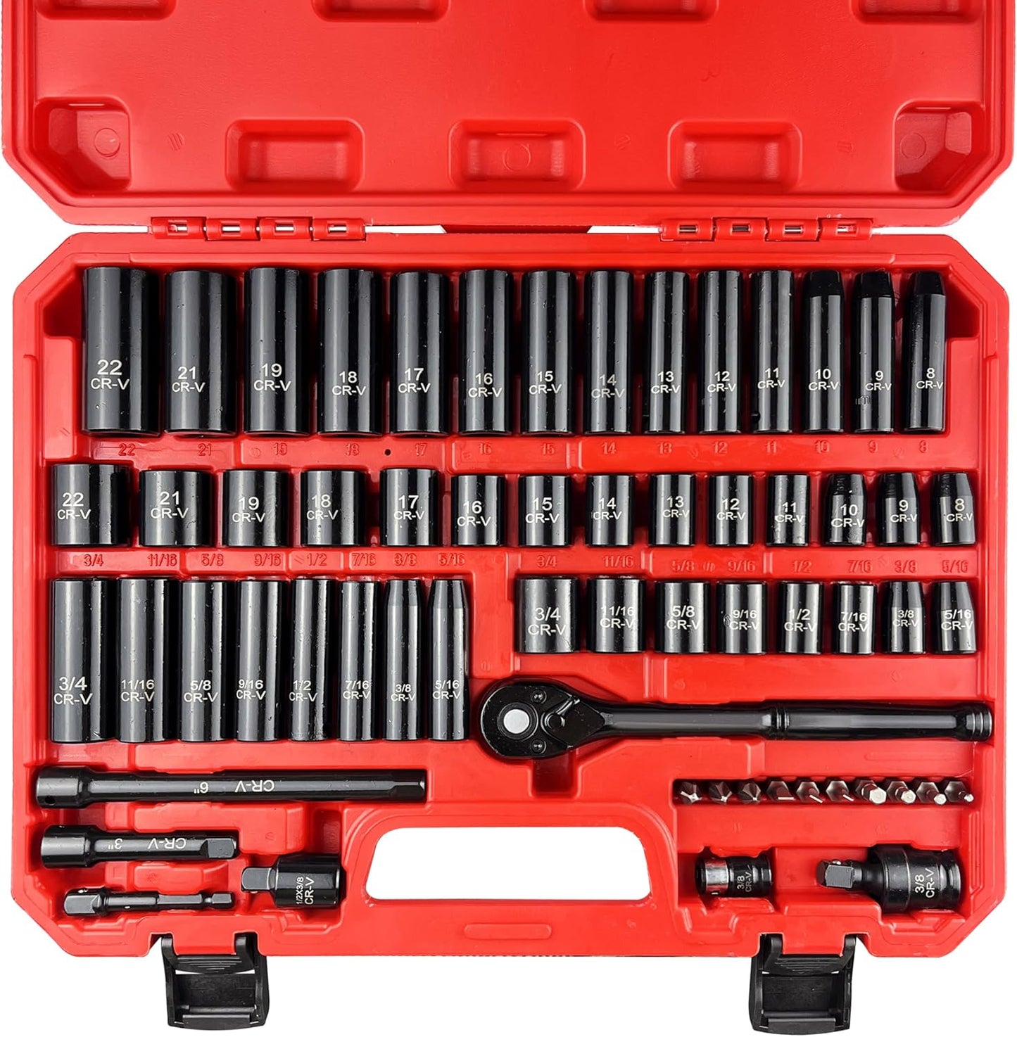 64pcs 3/8" Socket Set,Drive Impact Socket Set, SAE/Metric, Deep & Shallow, Cr-V Steel, 6 Point with Adapters, 72T Ratchet Handle, Extension Bars,Bit Adapter,6-24mm,5/16-1 inch