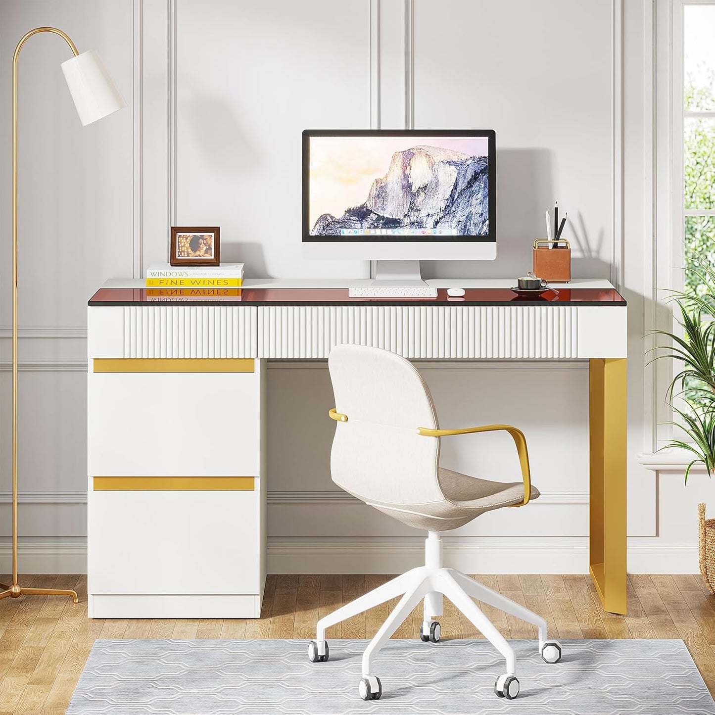 Tribesigns Computer Desk with 4 Drawers, 47 Inch Modern Home Office Desk with Glass Top, White and Gold Writing Workstation Desk with Storage, Makeup Vanity Table for Living Room, Bedroom