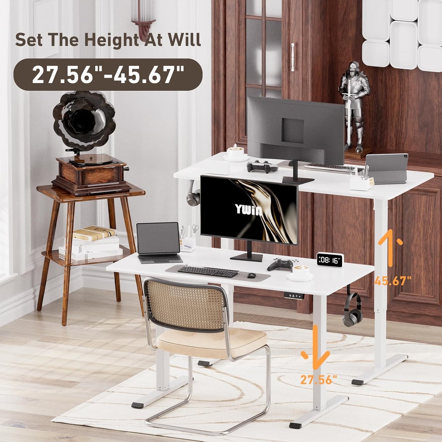 Ywin Electric Height Adjustable Standing Desk, 55 x 24 inches Sit Stand Desk with Wheels, Ergonomic Stand Up Desk for Home Office