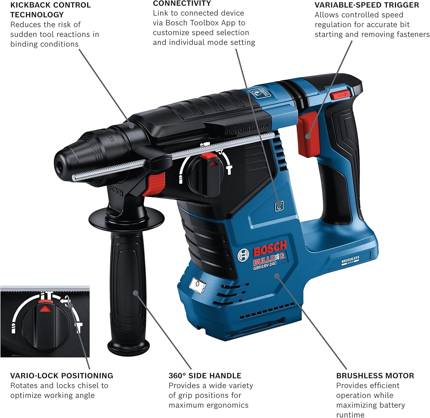 BOSCH GBH18V-24CN 18V Brushless Connected SDS-plus® Bulldog™ 1 In. Rotary Hammer (Bare Tool)