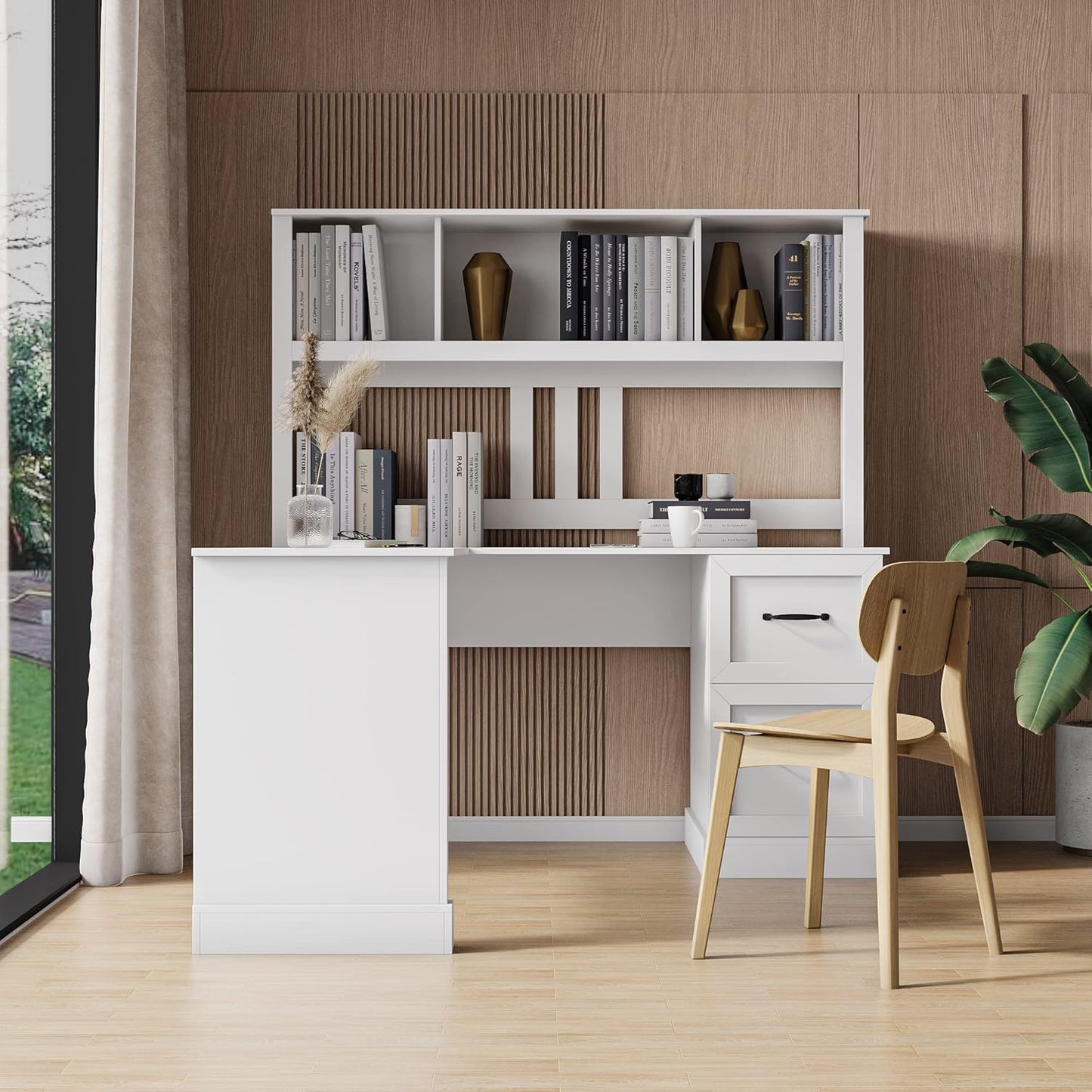 Bellemave L Shaped Computer Desk with Hutch, Home Office Desk with Drawers and Bookshelf, Corner Desk, Study Table Writing Desk with Storage, Easy Assemble, Antiqued White