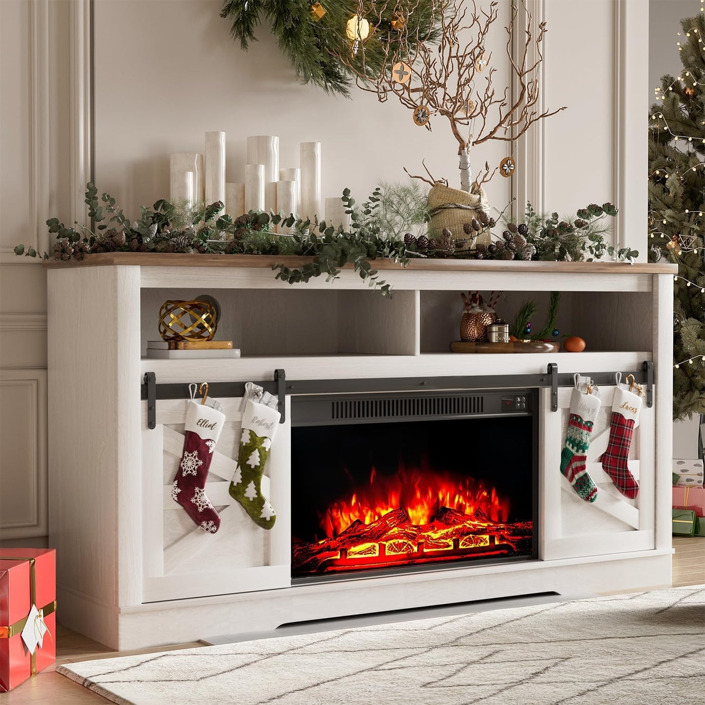 YESHOMY Farmhouse TV Stand for Televisions up to 65 Inches, Sliding Barn Doors and Storage Cabinets, Console Table and Media Furniture for Living Room, 58 Inch, Milk White