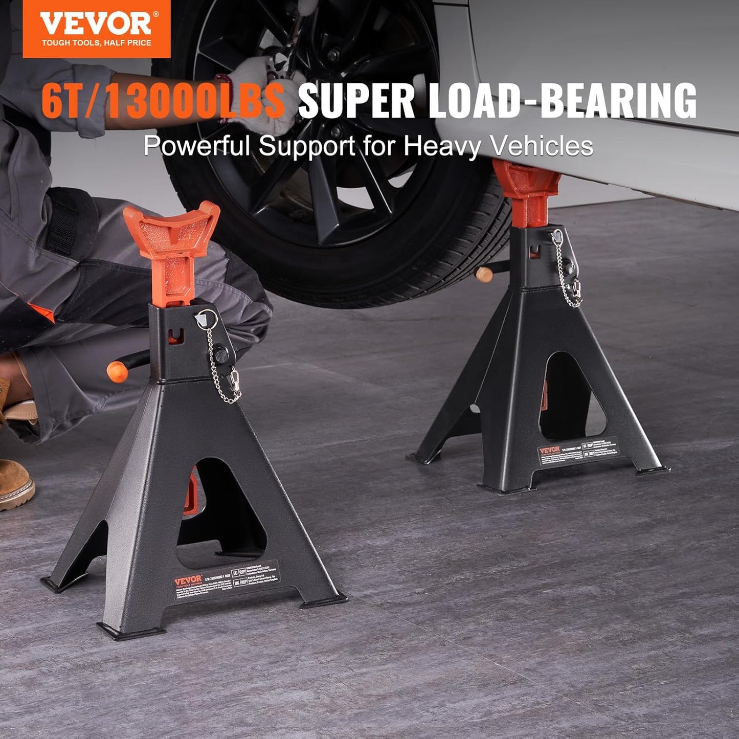 VEVOR Jack Stands, 6 Ton (13,000 lbs) Capacity Car Jack Stands Double Locking, 14.2-23 inch Adjustable Height, for lifting SUV, Pickup Truck, Car and UTV/ATV, Red, 1 Pair
