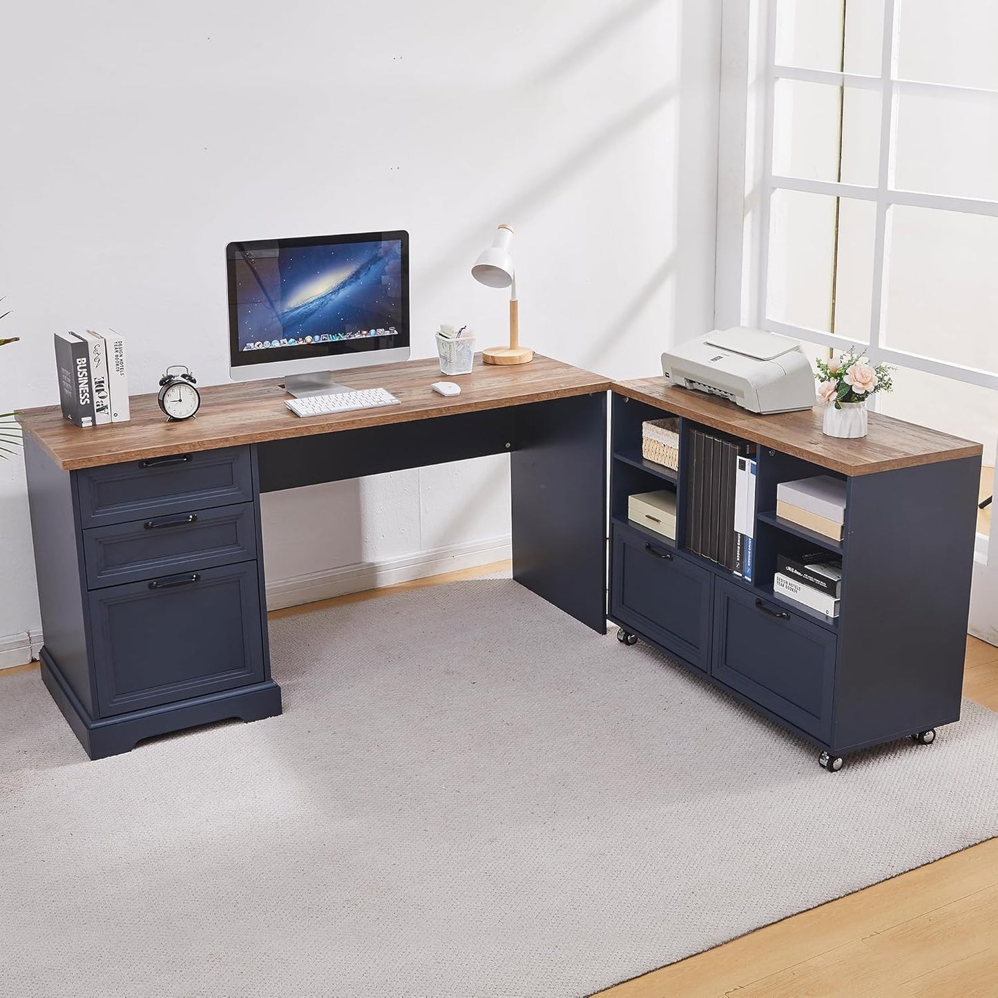 60" L-Shaped Executive Desk with 40" File Cabinet,Farmhouse Home Office Desk with Charging Station,Wood Computer Desk Set for Office Work,Home Study (Brown)