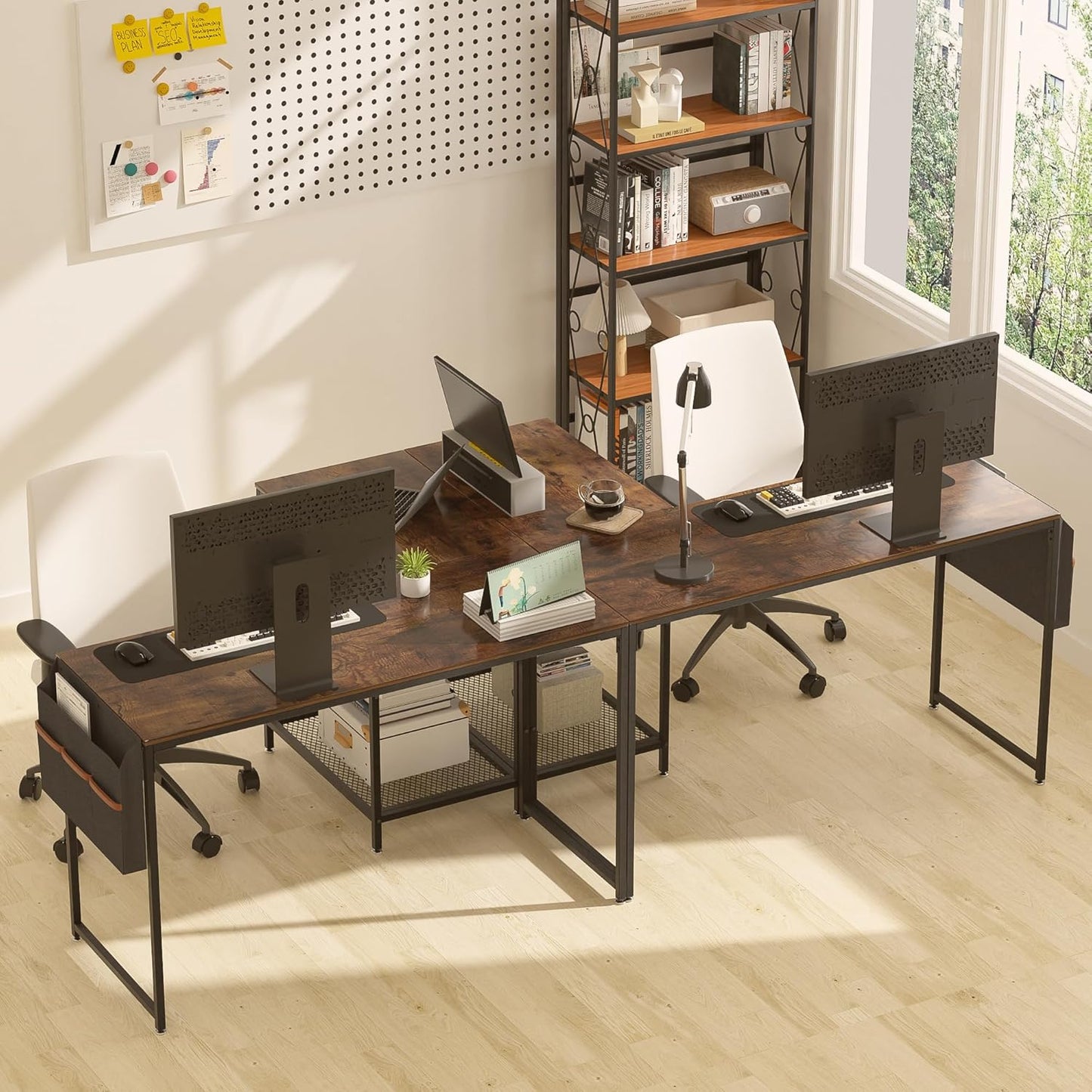 VECELO L Shaped Computer Desk with Storage Bag & Reversible Shelves, 47" PC Wooden Table for Home Office Bedroom, Writing Study Workstation with Metal Frame, Brown