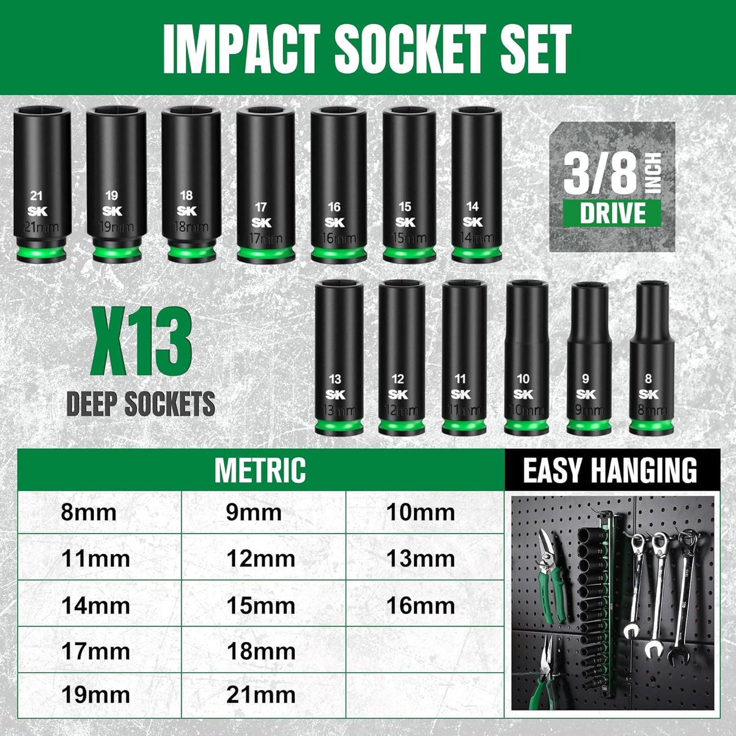 SK 3/8" Drive Impact Socket Set, Deep Metric Sockets, 13-Piece 8 to 21mm, Premium CR-MO Steel, SureGrip 6 Point Design, with Aluminum Socket Organizer