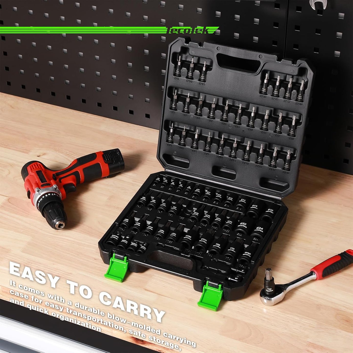 67-Piece Master Torx Bit Socket and External Torx Socket Set, 1/4", 3/8" and 1/2" Drive, S2 and Cr-V Steel, E4 - E24, T6 - T70, TT6 - TT70, TP8 - TP60, Includes 7PCS Socket Adapters