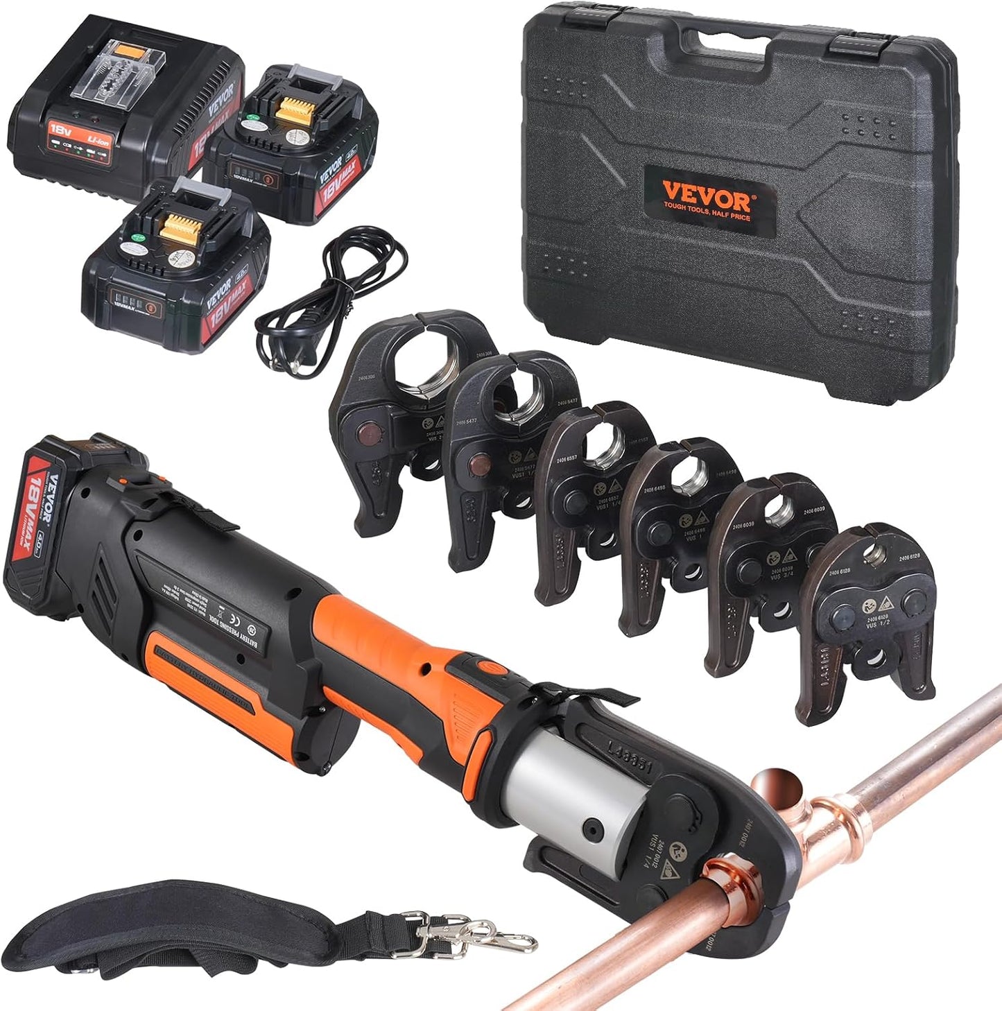 VEVOR Mini ProPress Tool, 18V Electric Pipe Crimping Tool for 1/2", 3/4", 1" Copper Pipes, Press Tool Kit with 3 Pro Press Jaws, 2pcs 2AH Battery, Fast Charger & Carrying Case