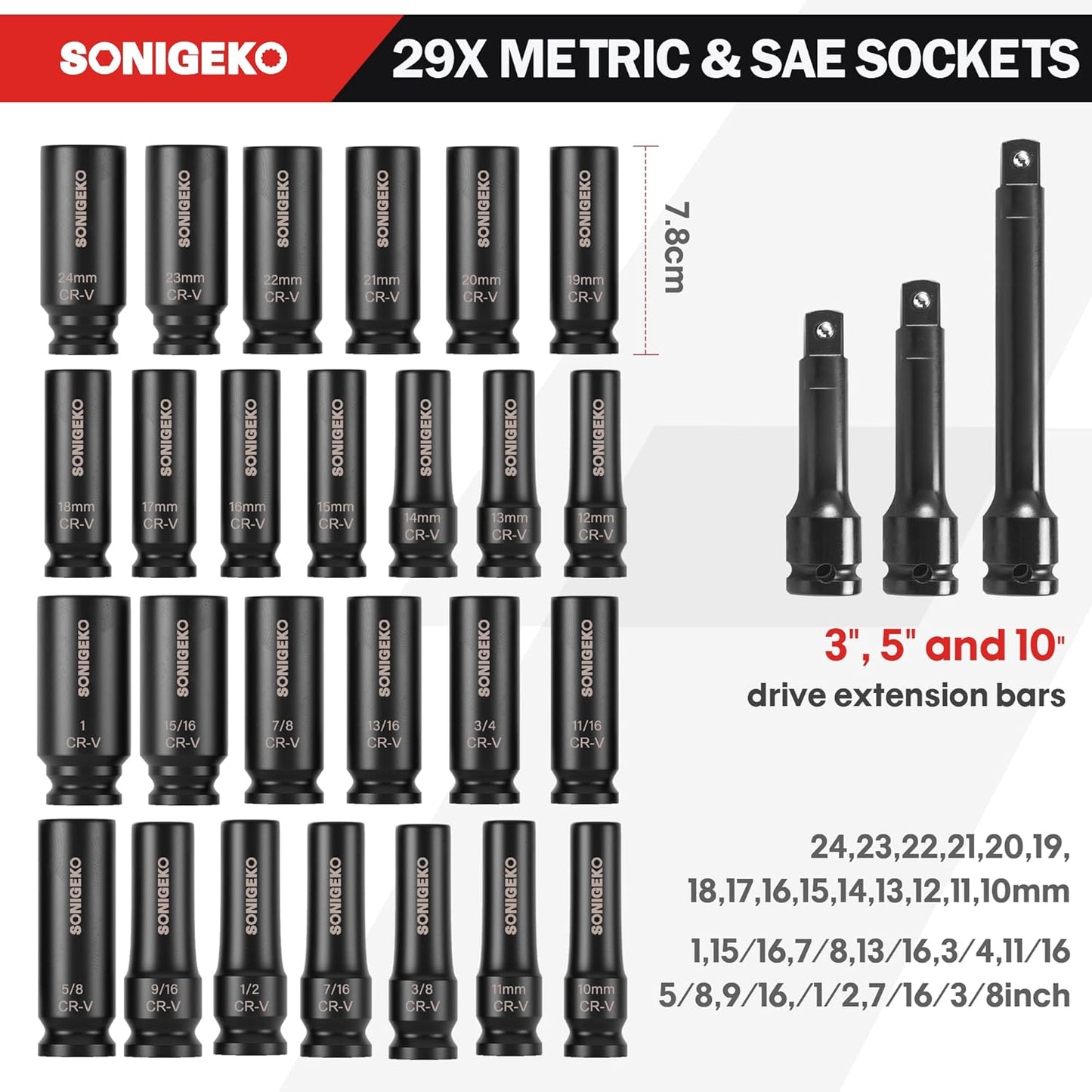 29-Piece 1/2" Drive Impact Socket Set - 6 Point Deep SAE & Metric CR-V Steel Sockets with 3", 5", 10" Extension Bar