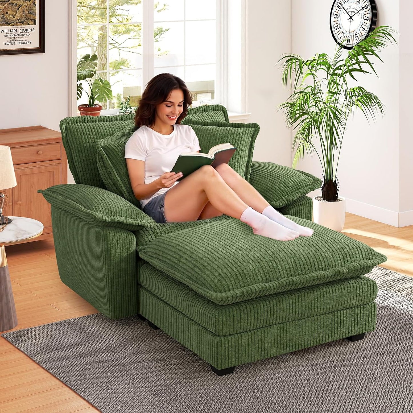 51" Oversized Chaise Lounge Chair Indoor with Storage Ottoman, Upholstered Cloud Accent Chair with Extra Wide Armrests, Comfy Beige Chenille Sleeper Chair for Living Room Bedroom Reading (Black)