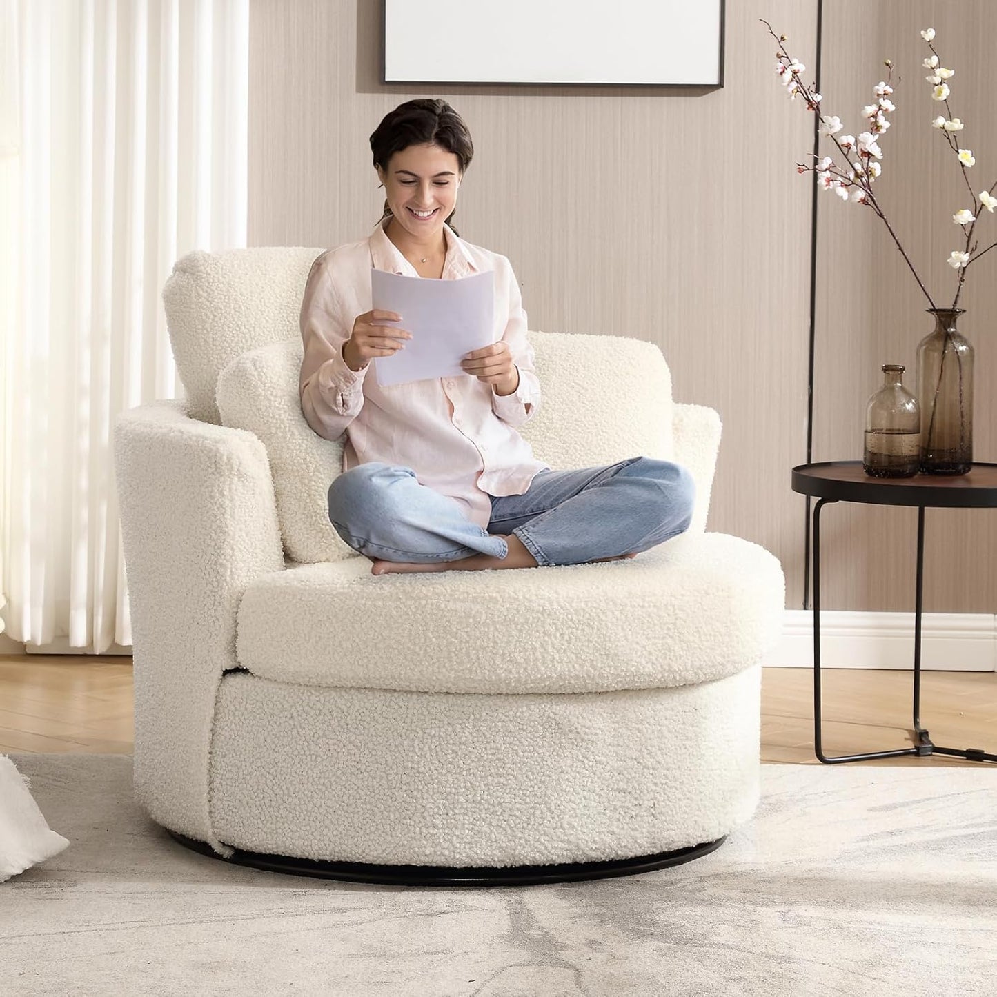 40" W Modern Grey Swivel Barrel Chair with 360° Round Metal Base & Plush Corduroy Pillows & Thick Cushion, Comfy Large Accent Chaise Longue for Living Room, Bedroom Club Reading Armchair (Gray)