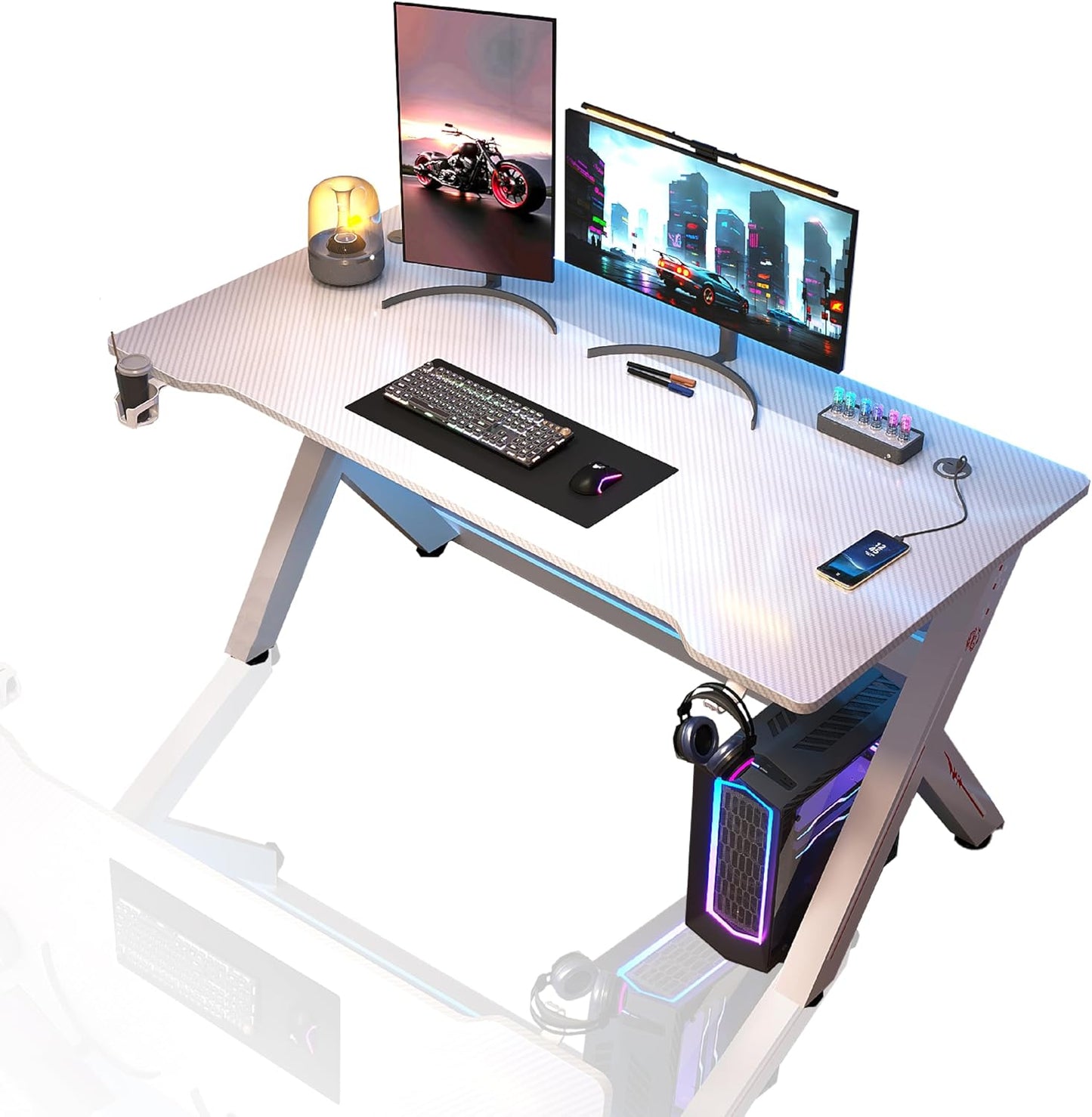 AZN Gaming Desk, 55'' Computer Desk, Gaming Desk w/LED Lights & Carbon Fiber Desktop, Home Office Desks w/Ergonomic Design, Computer Desks w/Cup Holder, Headphone Holder, Cable Organizer