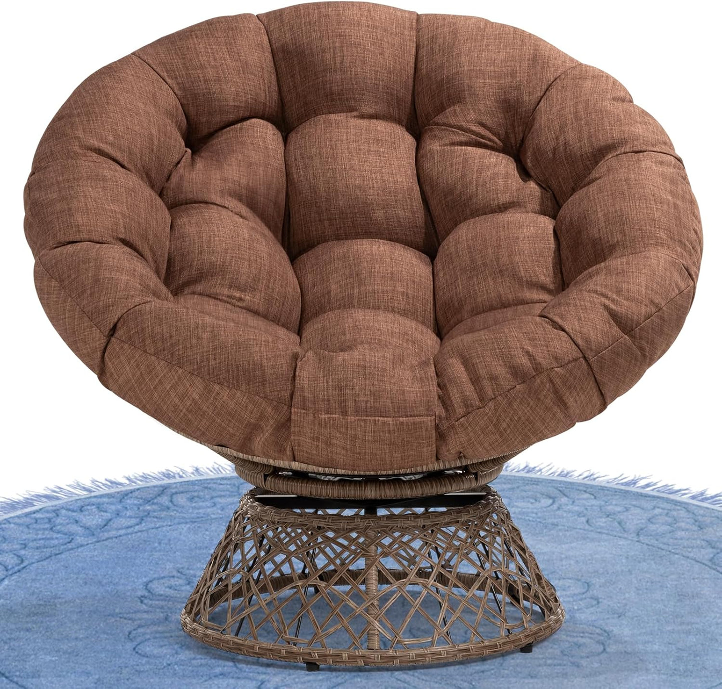 Bme 40" Ergonomic Wicker Papasan Chair with Soft Thick Density Fabric Cushion, High Capacity Steel Frame, 360 Degree Swivel for Living, Bedroom, Reading Room, Lounge, Silver Cloud - Black Base