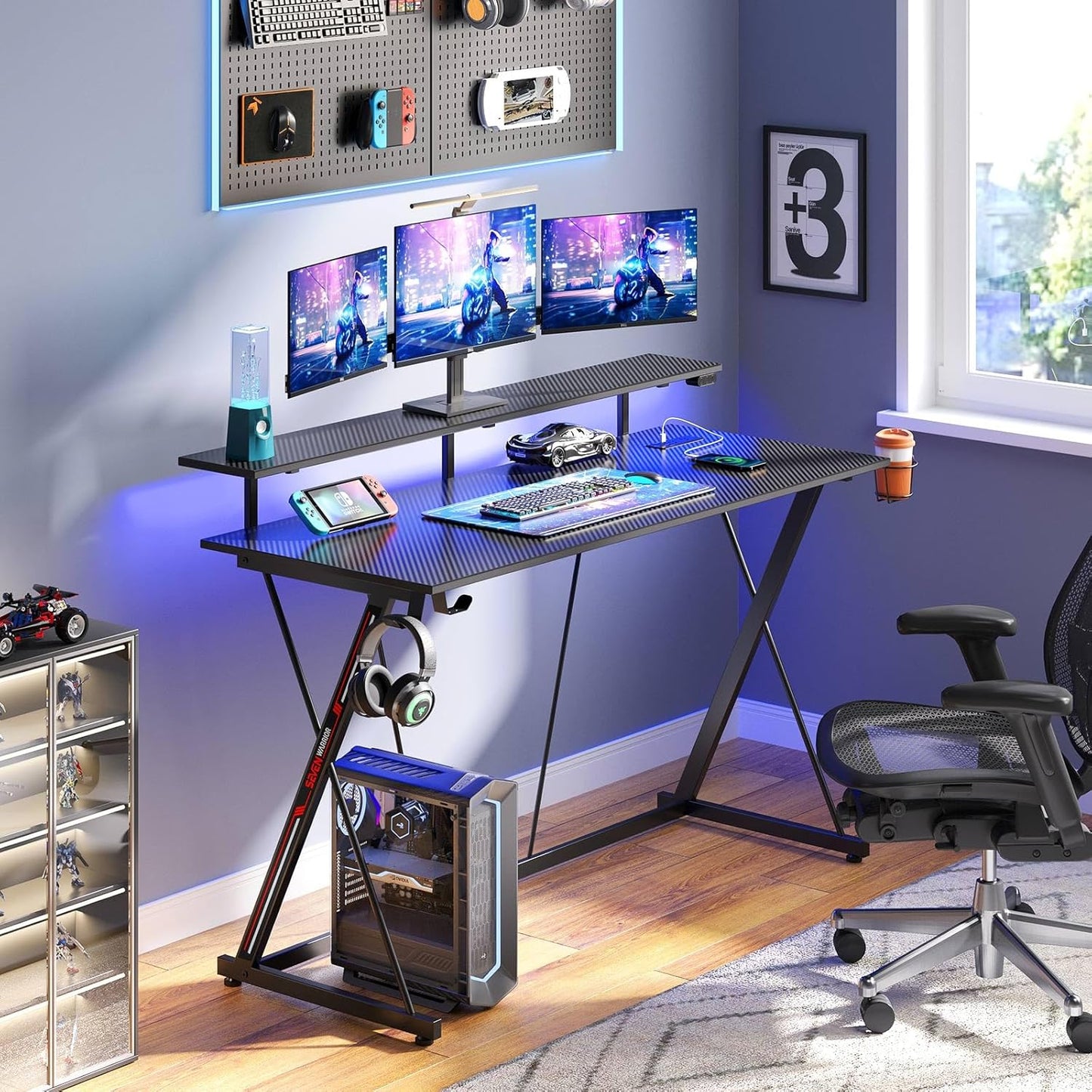 SEVEN WARRIOR Z Shaped Gaming Desk with LED Lights & Power Outlets, 47" Computer Desk with Monitor Shelf, Home Office Desk with Cup Holder and Headphone Hook, Ergonomic, Carbon Fiber Surface Black