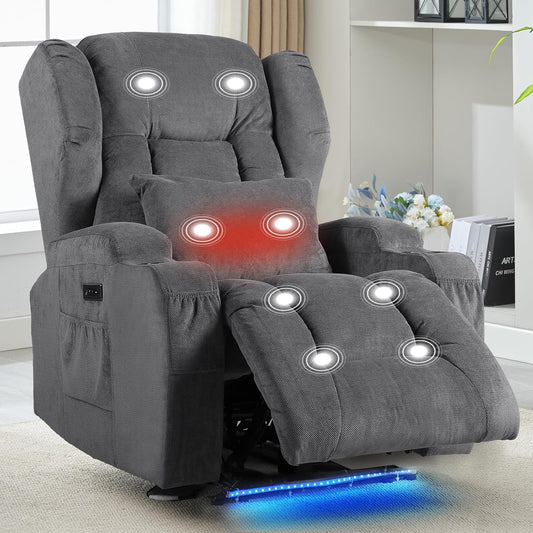 BINGTOO Electric Power Recliner Chair with Massage & Heat - Ergonomic Wingback Lounge Sofa Chair for Living Room, Home Theater Seating & RV with LED Light/Cup Holders/USB Ports, Grey