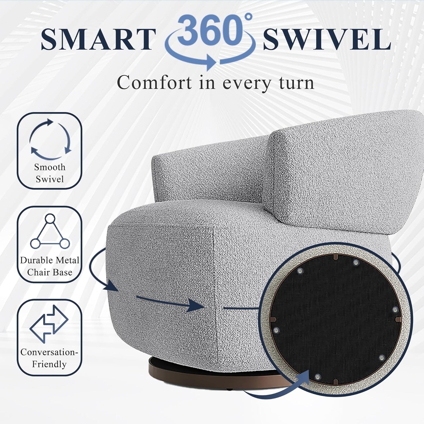 Swivel Accent Chair, Fully Assembled Round Barrel Chairs, Oversized Upholstered Armchair with 360-Degree Base, Modern Club Chair for Living Room, Bedroom, Office, Grey
